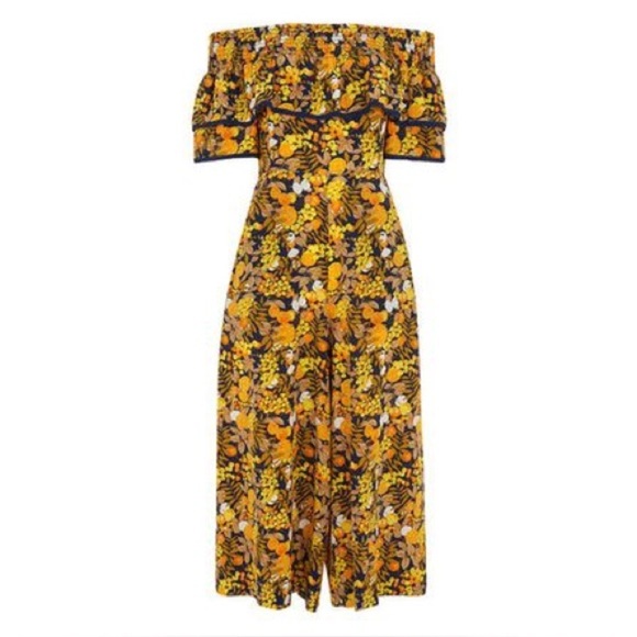 Whistles / Nadia Citrus Print Jumpsuit silk ruffle off shoulder Yellow Multi 6 - Picture 3 of 5